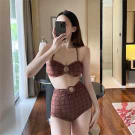 25新款韩国东大门ins风简约复古圆环抹胸高腰遮肚分体游泳衣女