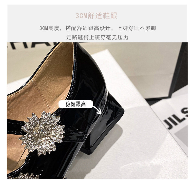 Giày Mary Jane cao gót mũi vuông đính đá hoa, gót thô 3–6 cm — Màu hồng nude, Màu đen chi tiết 10