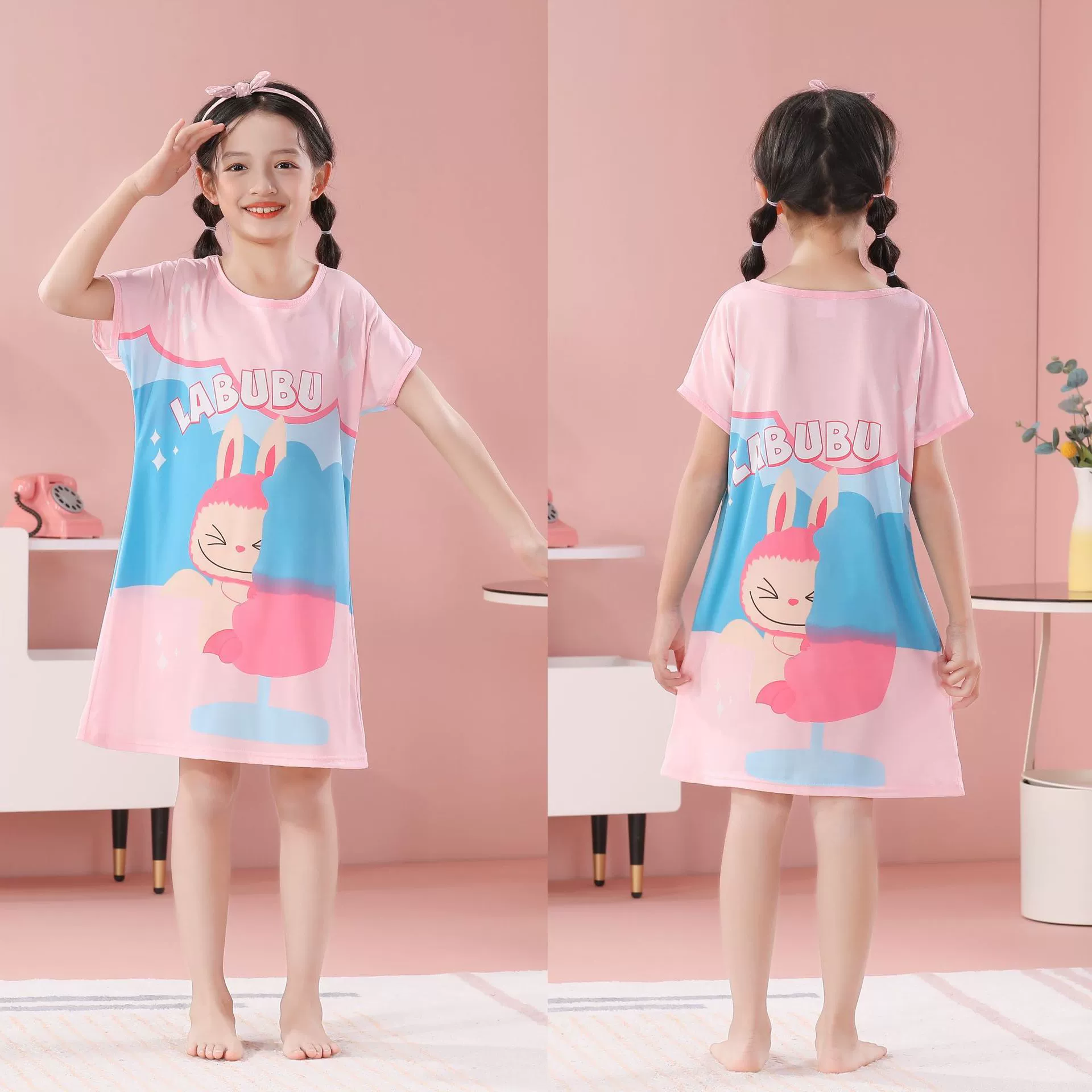 Детская ночная рубашка с короткими рукавами Детская пижама Летнее детское тонкое корейское издание Маленькая девочка мультфильм