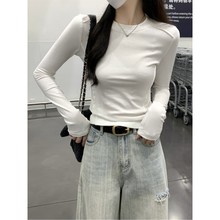 现货实价 早秋韩版修身纯色鱼骨设计感百搭纯棉长袖T恤女上衣
