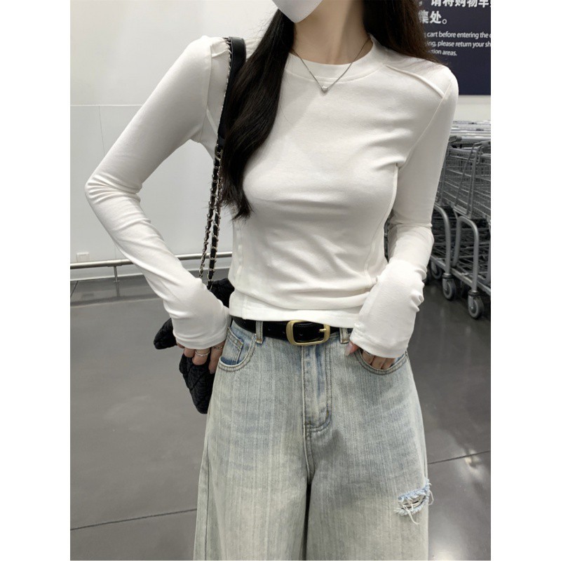 现货实价 早秋韩版修身纯色鱼骨设计感百搭纯棉长袖T恤女上衣