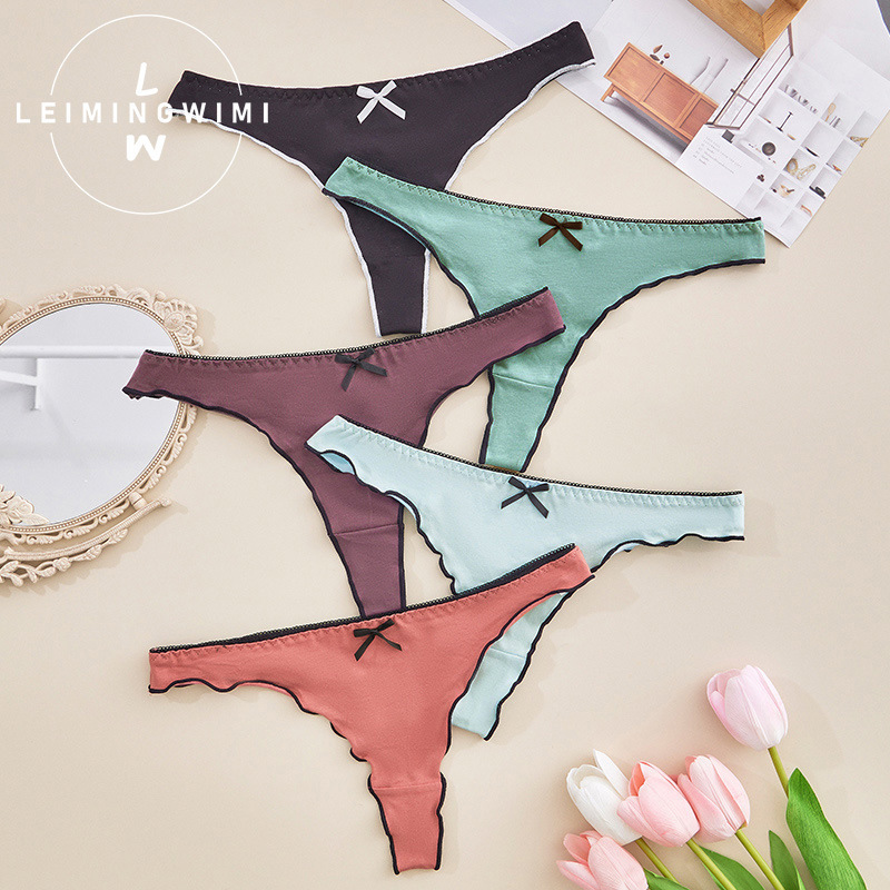 European and American sexy ladies thong solid color bow comfortable breathable seamless cotton ladies underwear cross-border new