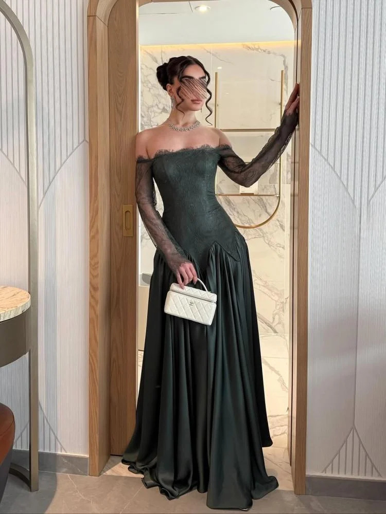 2026 nuevo vestido de noche de pecho francés de mangas largas de encaje de satén delgado vestido verde image 3