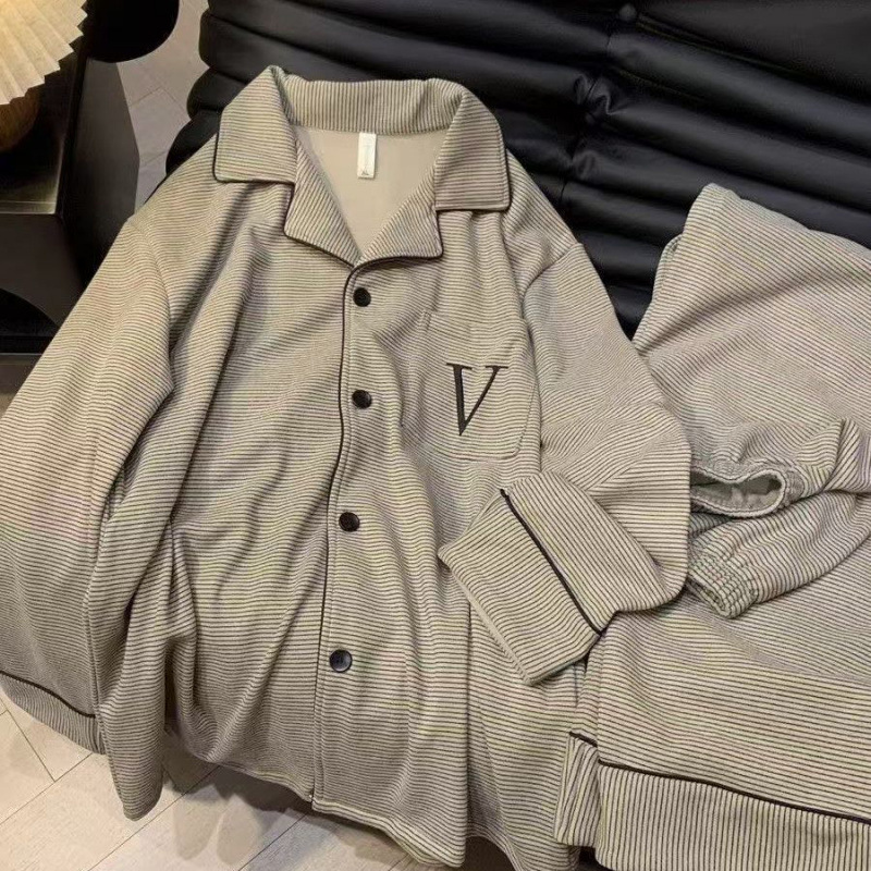 Japanese-Style Striped Thermal Couple Pajamas Autumn and Winter Lettered Simple Warm Loungewear Set for Men and Women