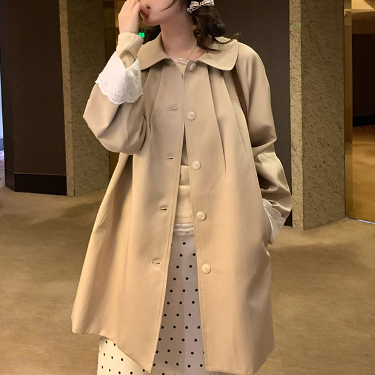 长岛恋人 袖口花边拼接中长款风衣外套女秋韩系翻领大衣