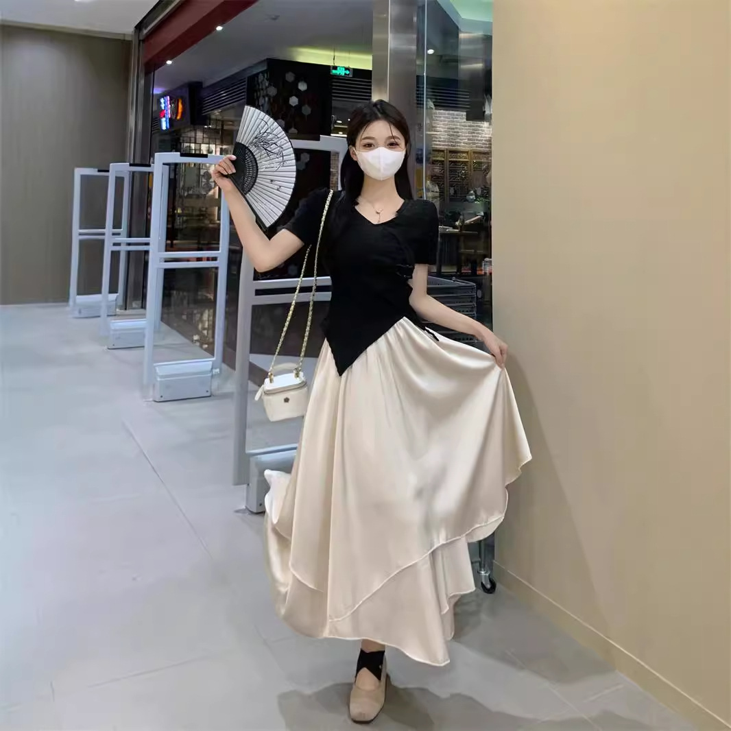 퓨어 디자이어 스타일 슈트 여성 신상 한국 스타일 불규칙 반팔 셔츠 + 새틴 하프 길이 스커트 학생 투피스 슈트