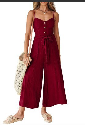 2023 Mono de pierna ancha con cuello en V y correa de hombro delgada de verano para mujer con cinturón