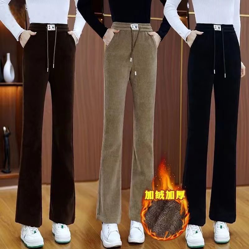 가을과 겨울 새로운 마이크로 롭 팬츠 플레어 팬츠 하이 허리 기모 탄성 따뜻한 캐주얼 셔닐 패딩 양털