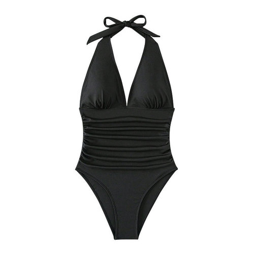 Amazon Europe and America Pure Color Strap V Neck Sexy One Piece Swimsuit Women's Summer Bodycon Beach Bikini Hot Spring Swimwear 