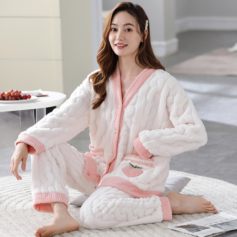 Otoño e Invierno nuevo pijama de las mujeres red engrosada coral lana casual desgaste 2023 franela traje de dos piezas