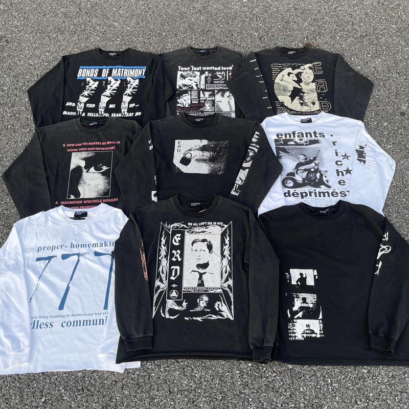 High-Quality Erd Melancholic Rich Second-Generation Retro Distressed Letter Portrait Print Outline Short Version Long-Sleeved T-Shirt Trendy