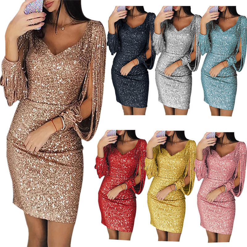 Sexy night club evening sequins fringed long sleeve hip dress Sexy night club evening sequins fringed long sleeve hip dress