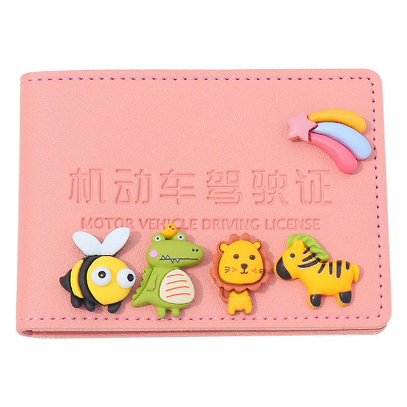 Кожаный чехол для водительских прав для девочек, в мультяшном стиле, кожаный чехол для водительских прав двух в одном, защитный, портативный и легкий.