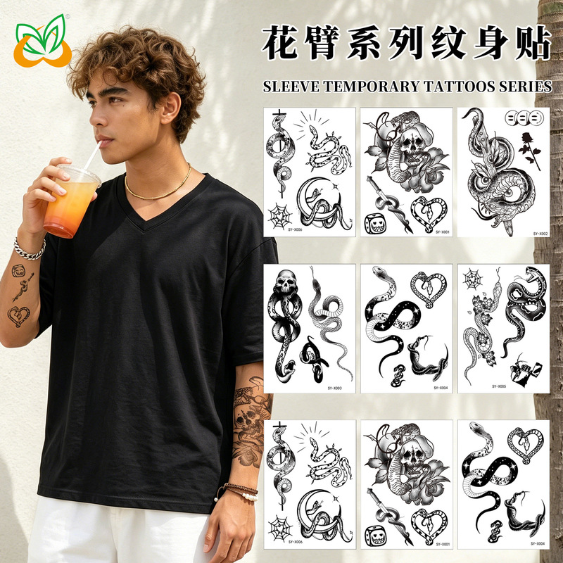 Cross-Border Hot-Selling Dark Trendy Snake Tattoo Stickers, Single Black European and American Style Men's Temporary Snake Body Tattoo Stickers
