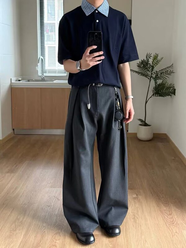 工字褶a字阔腿西裤男士春秋新款痞帅美式弯刀裤子cleanfit休闲裤|undefined