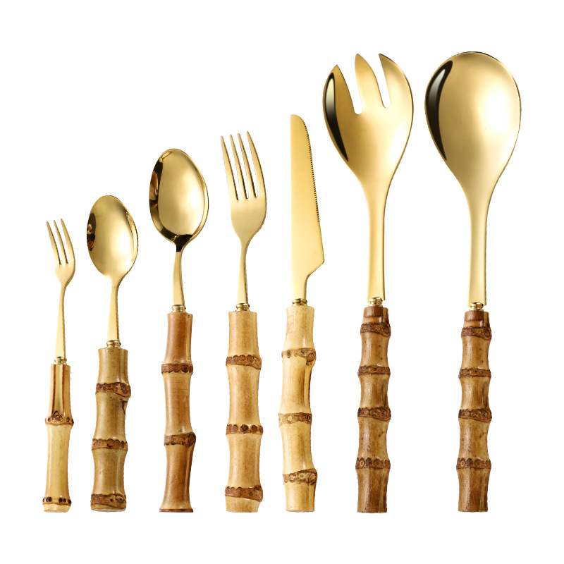 Cruzar la frontera de bambú natural mango de acero inoxidable vajilla postre ensalada tenedor mango de bambú Occidental cuchillo de carne tenedor cuchara de té cuchara