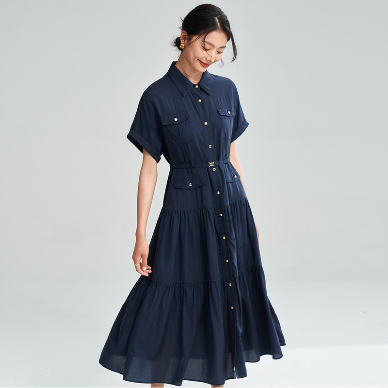 26 New Summer Style Arc De Triomphe Dress with Lapel and Buttoned Short-Sleeved Shirt Dress 18287