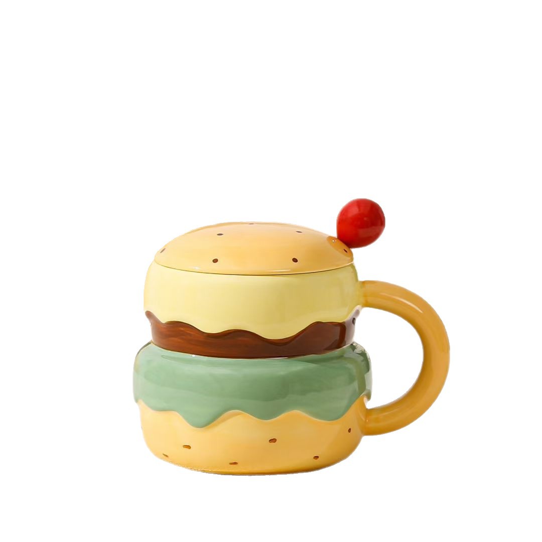 Personalidad creativa hamburguesa cerámica taza con cucharas lindas tazas de agua de alto valor para chicas regalo de cumpleaños