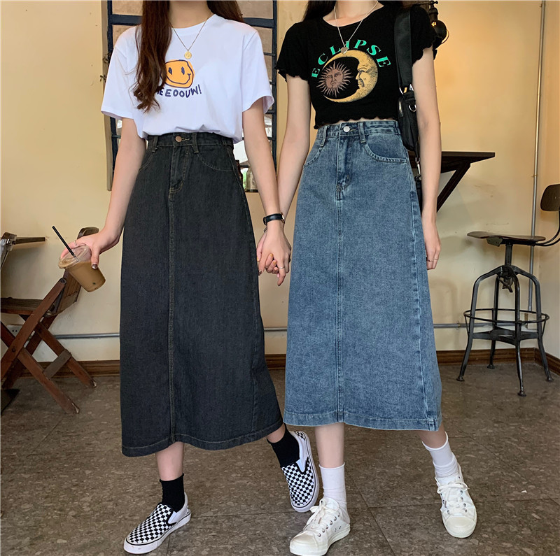 2022 Summer New High Waist Denim Skirt Women's Large Size Mid-length Skirt A- line Skirt Student Korean-style Hip Skirt