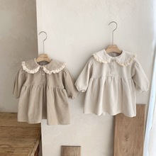 新款ins韩版女童装春秋连衣裙甜美灯芯绒女孩公主裙蕾丝翻领长袖
