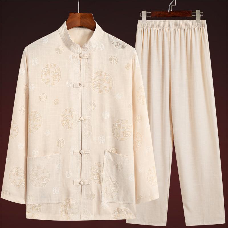 Middle-Aged and Elderly Tang Suit Men's Grandpa Suit Summer Dad Suit Chinese Style Cotton and Linen Short-Sleeved Suit Elderly Shirt Han Dynasty