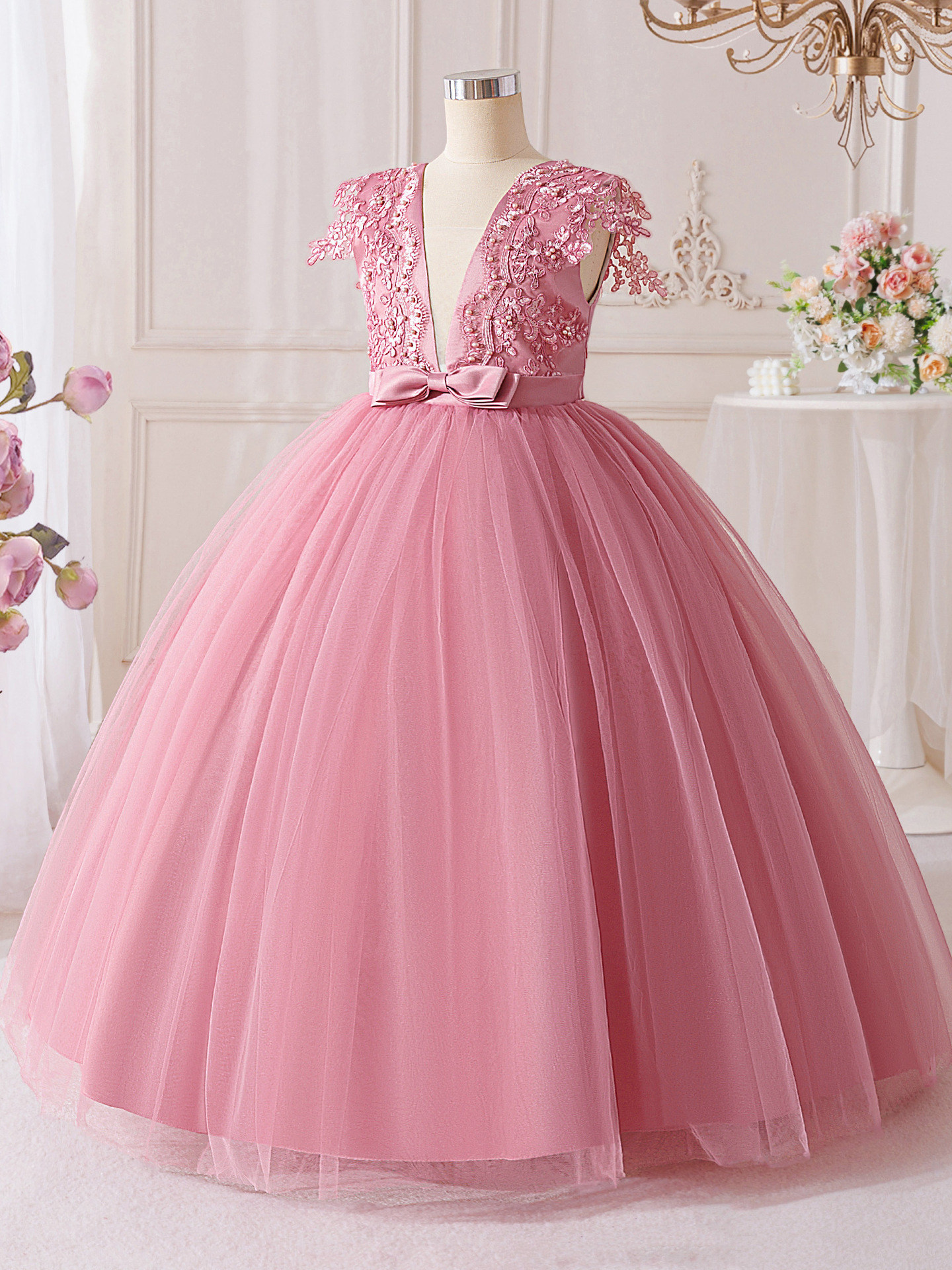 Vestido de niñas profundo cuello en V arco floral vestido de novia vestido de fiesta vestido de niñas vestido de niñas