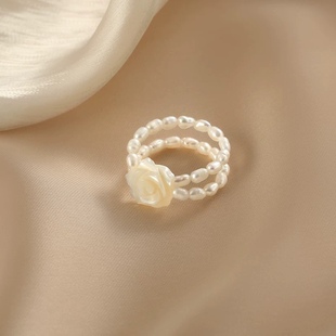 Gibbit Rose Fashion Bead Ring Double Layer Design Cute Ins Style Exquisite Bead Finger Ring Elegant Vintage