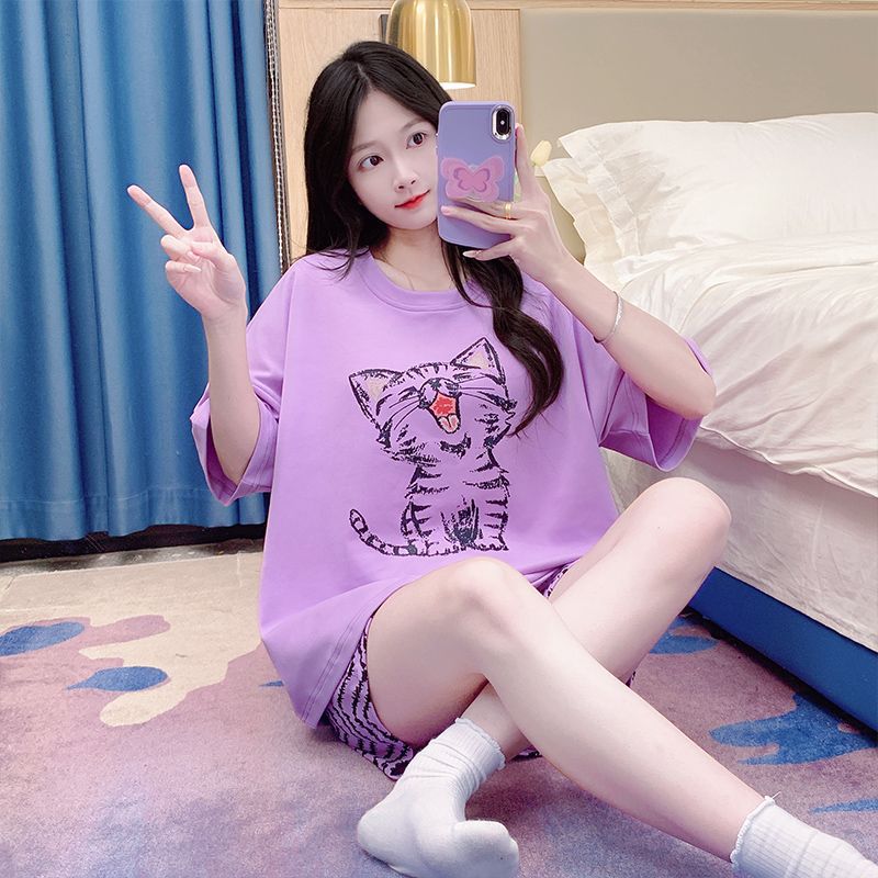 Venta al por mayor transfronteriza verano nuevo estilo cuello redondo pijamas estampados de dibujos animados pantalones cortos de manga corta para mujer