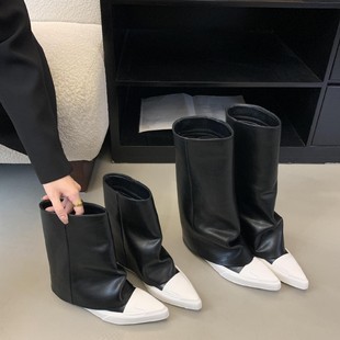 Dui Dui Boots Female Punk Knight Boots Hot Street Sexy Boots 2025 Autumn and Winter New Pointed Toe Black and White Color Matching Women's Boots