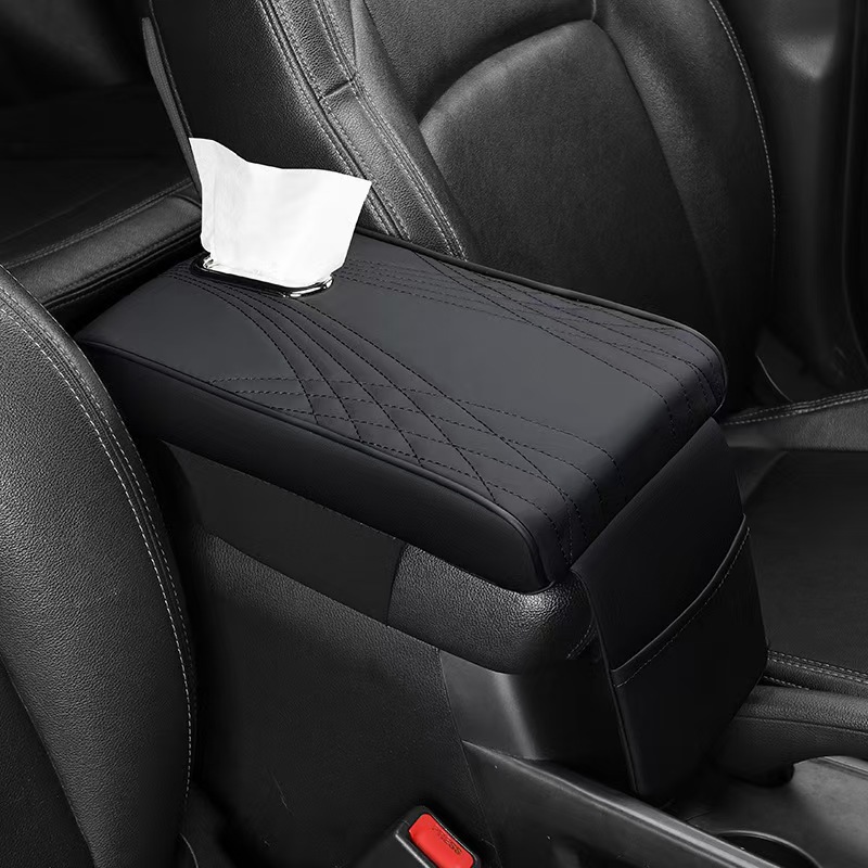Universal Car Armrest Box Heightening Pad Universal Leather Tissue Storage (Armrest box pad) - black