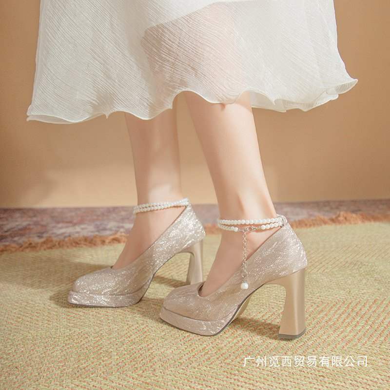 香槟色高跟鞋女粗跟防水台水晶鞋婚鞋新娘鞋一字带方头玛丽珍单鞋|undefined