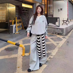 学院休闲假两件拼接长袖卫衣披肩阔腿长裤女2025秋季新款时尚套装
