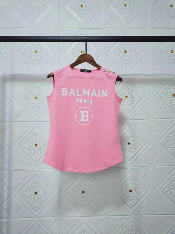 Trendy Brand Shoulder Gold Buckle Balmain Logo Print Balmain Cotton Casual Sleeveless Top T-Shirt for Women Trendy Brand Shoulder Gold Buckle Balmain Logo Print Balmain Cotton Casual Sleeveless Top T-Shirt for Women