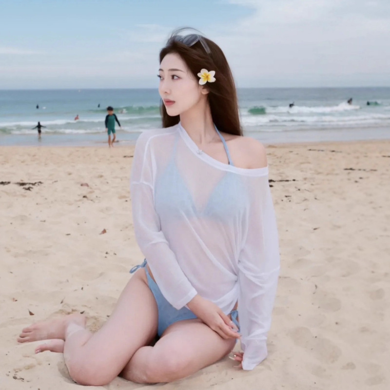 海边度假防晒衣女夏季新款微透小心机白色罩衫女装泳装宽松长袖T|undefined