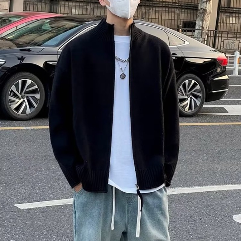 2025秋冬新款英伦男士休闲毛衣外套时尚韩版修身拉链纯色针织开衫