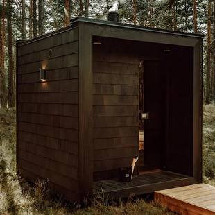 Red cedar cube sauna room with full sauna accessories outdoor plaza sauna