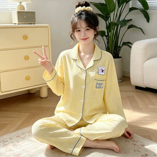 奶黄卡通睡衣女秋季网红可爱线条小狗仿棉舒适家居服长袖套装批发