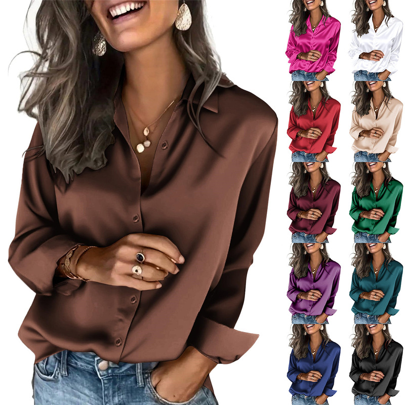 2026 European and American Cross-Border Foreign Trade Spring and Autumn Women's Satin Shirt Imitation Silk Long-Sleeved Shirt Business Casual Top