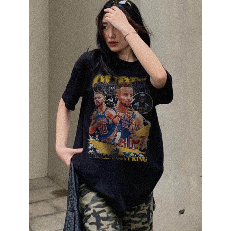 Verano nuevo Curry estilo americano impresión retro baloncesto camiseta de mangas cortas suelta pesada lavado con agua hacer viejos hombres y mujeres t