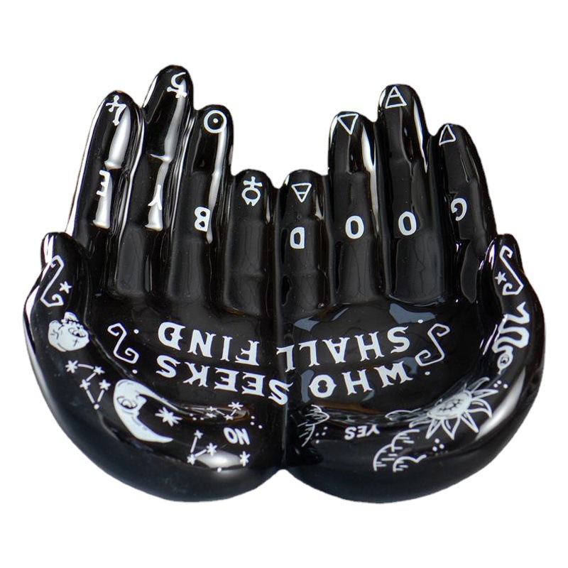 Bandeja de exhibición para guardar joyas de Halloween cuidadosamente seleccionada, bandeja de cerámica negra para anillos y joyas, soporte para joyas con forma de palma de Buda, bandeja para collares.