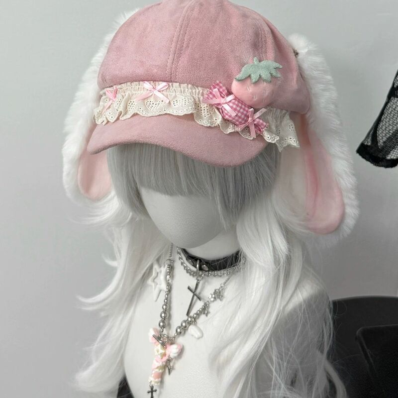 1Gangster Inn Original Pink Heart-Shaped Soft Cute Lop-Eared Rabbit Subculture Beret for Women, Cute Octagonal Hat 1Gangster Inn Original Pink Heart-Shaped Soft Cute Lop-Eared Rabbit Subculture Beret for Women, Cute Octagonal Hat