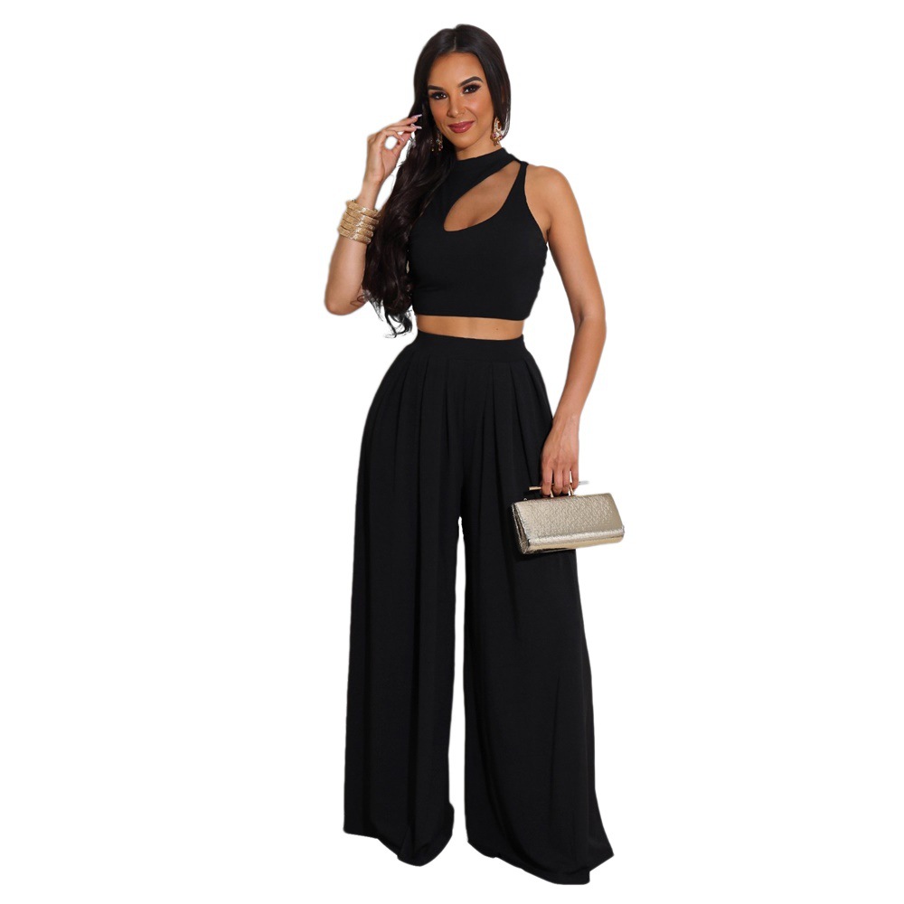 hollow sleeveless wide-leg solid color top and pants set NSXLY119199