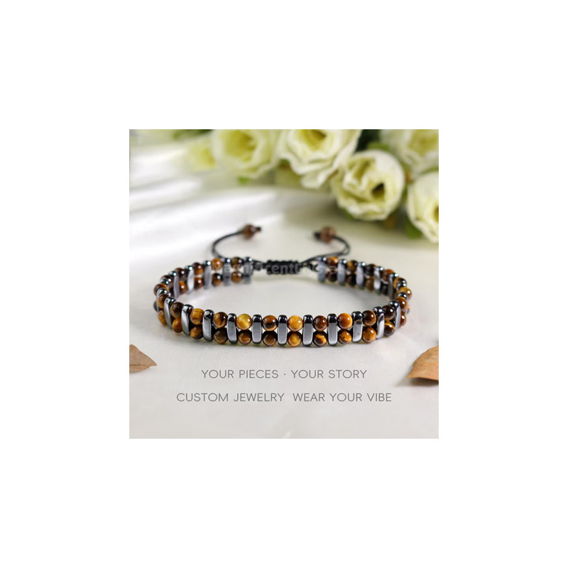 Tiger Eye And Black Agate Beaded Bracelet For Men, Natural Stone_voghion.com