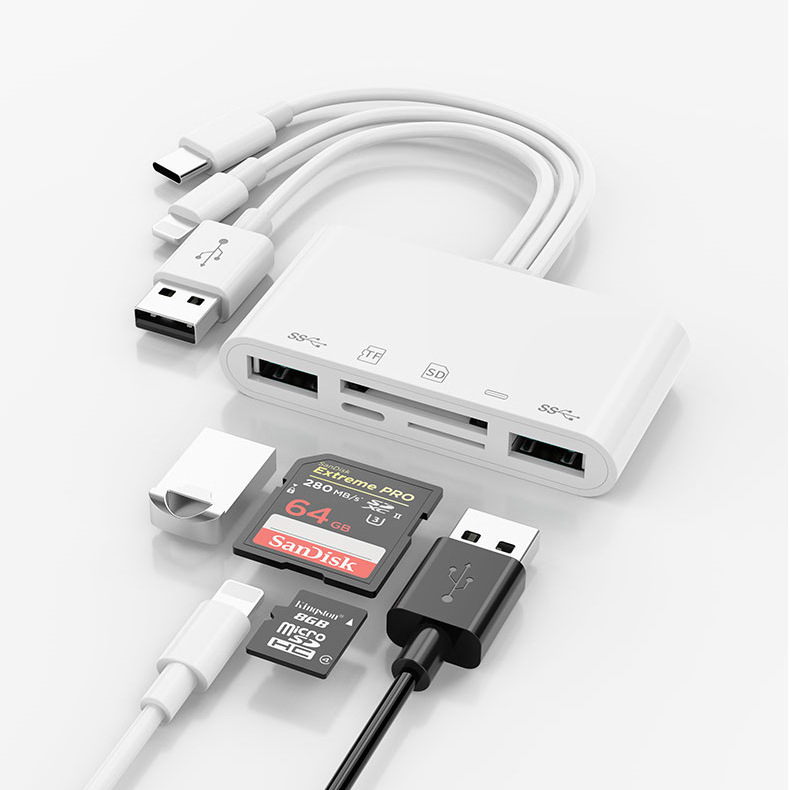 Aplicable al lector de tarjetas de Apple, teléfono móvil, tableta, memoria, tarjeta TF, cámara, lector de tarjetas de alta velocidad, cable adaptador de otg todo en uno