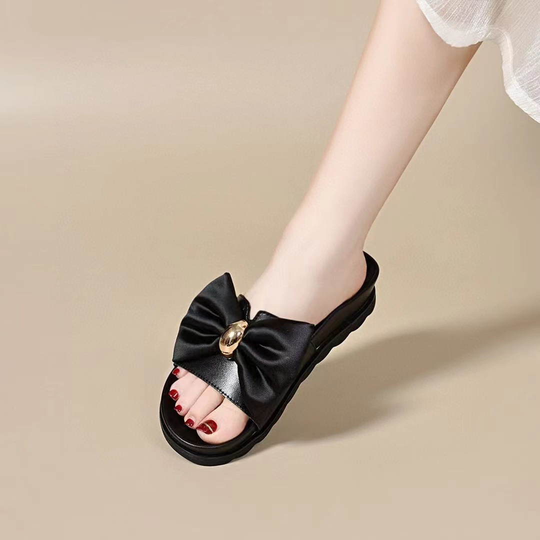 Dép sandal nữ đế bằng da thật quai ngang nơ đi ngoài trời — đen chi tiết 4
