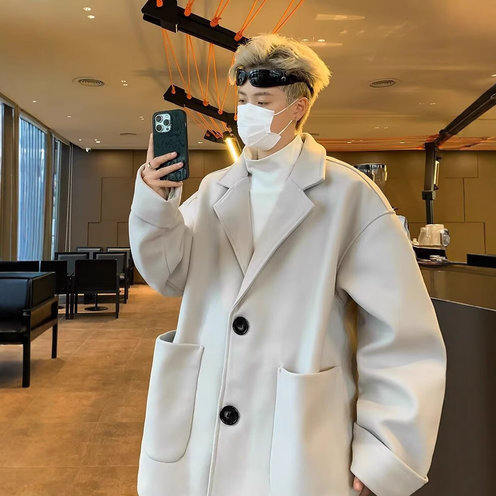 모직 재킷 남자 2024 가을 새 바람막이 하이 엔드 세트 가을과 겨울 캐주얼 모직 코트 세트