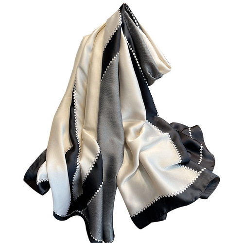 New silk satin spring and autumn silk scarf geometric color matching thin silk scarf women's mid-length scarf sun protection vacation shawl turban beach towel