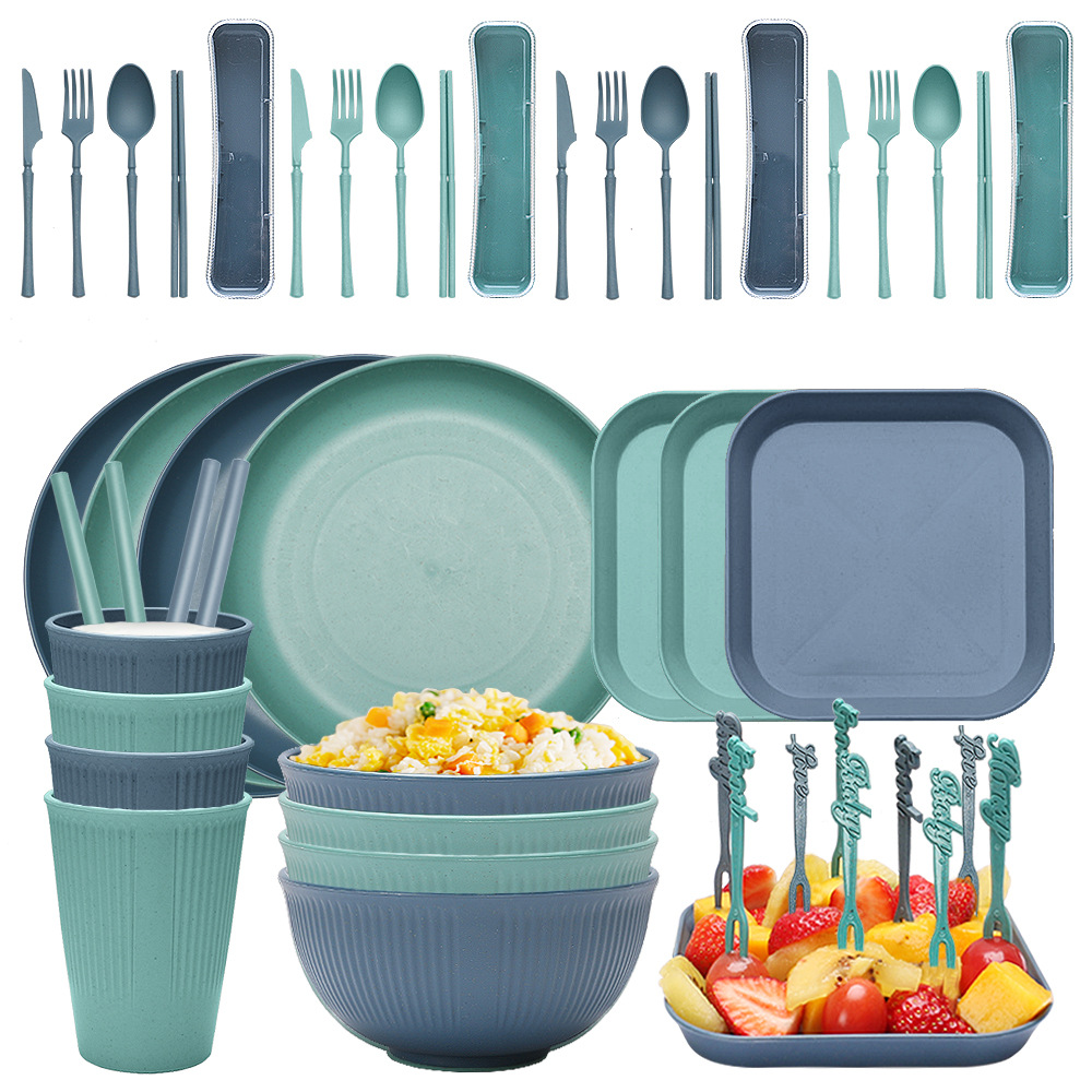 亞馬遜小麥秸稈碗杯碟盤便攜餐具套裝豎紋刀叉勺筷餐碗菜盤吸管