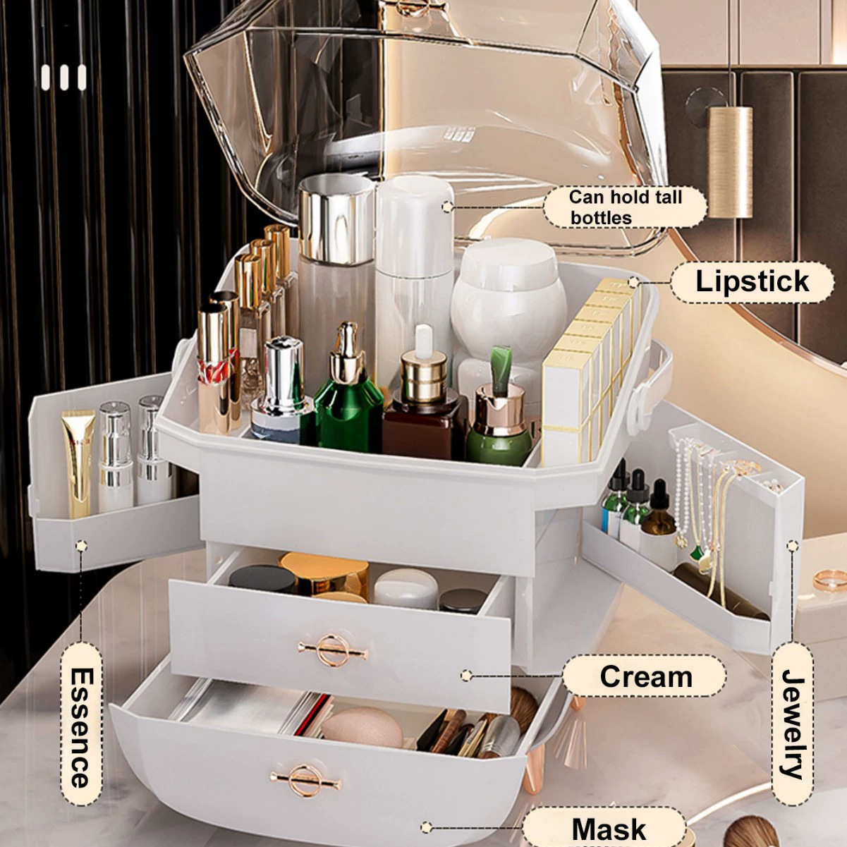 Caja de almacenamiento de plástico de lujo ligero para el hogar Caja de almacenamiento de cosméticos tipo cajón Gabinete de almacenamiento a prueba de polvo de escritorio de alta calidad