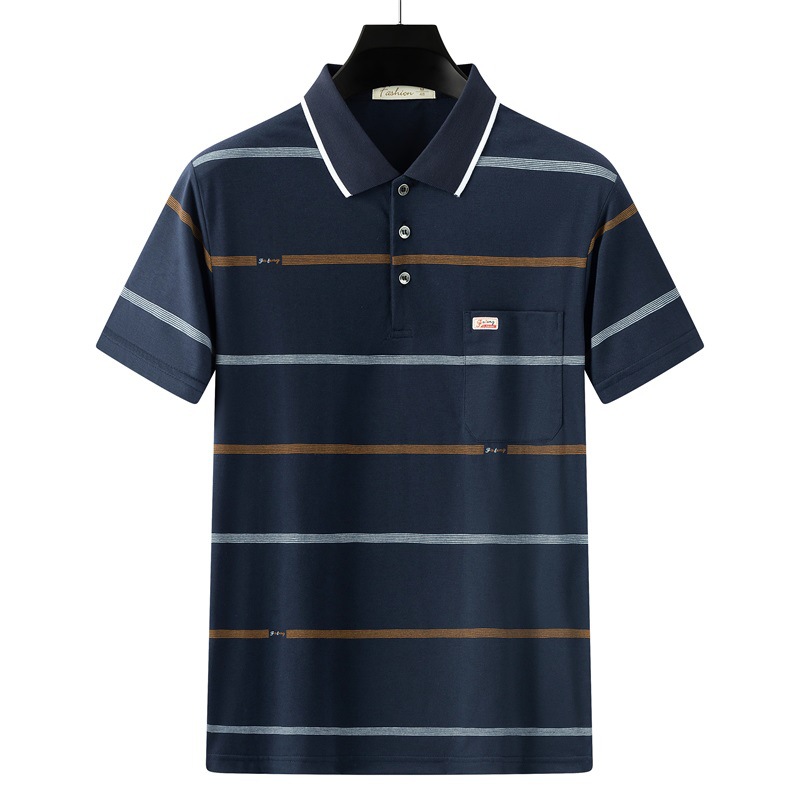 De mediana edad impreso Polo camisa de manga corta de los hombres de solapa papá verano camiseta a rayas de algodón mercerizado camiseta ropa de los hombres al por mayor